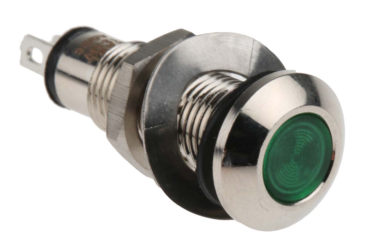 Marl Green Panel Mount Indicator, 12 → 28V, 8.1mm Mounting Hole Size, Solder Tab Termination, IP67