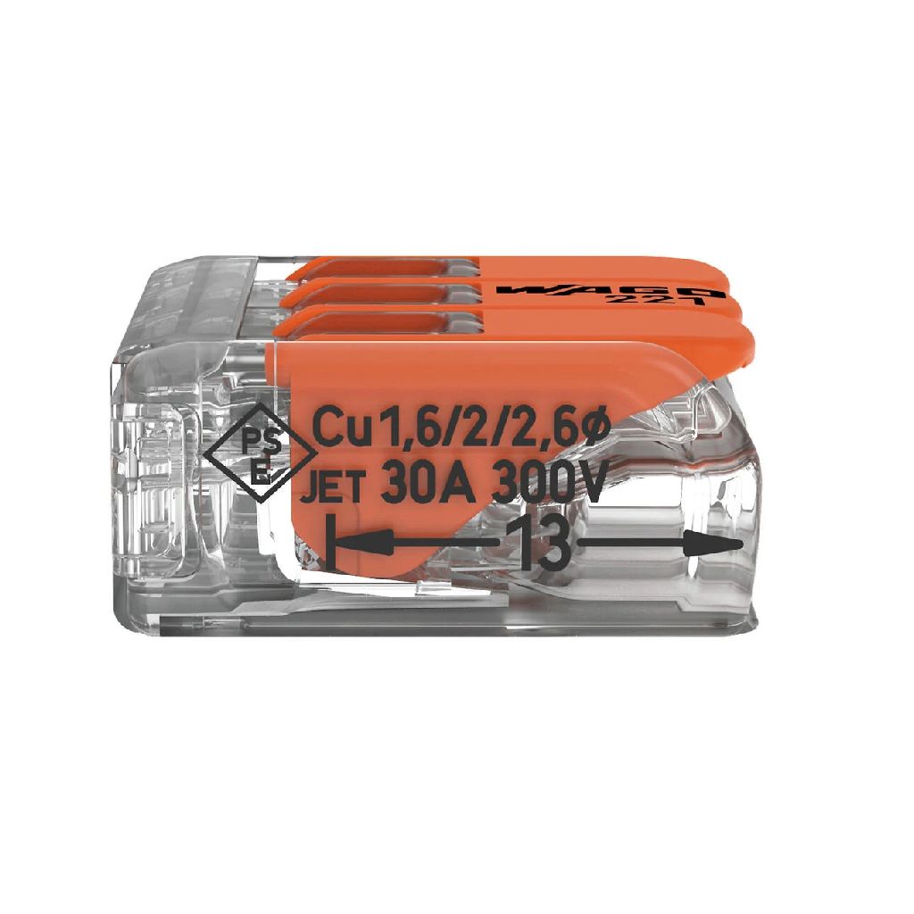 WAGO 221 Series Lever Connector, 3-Way, 41A, 20 → 10 AWG Wire, Cage Clamp Termination