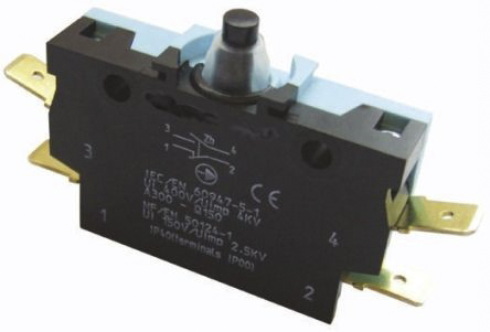 Crouzet Plunger Micro Switch, Tab Terminal, 6 A @ 250 V ac, DT-NO/NC, IP40