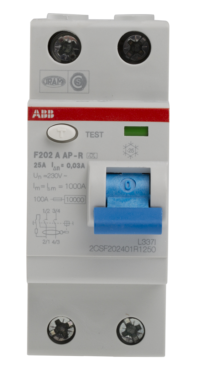 ABB F200 RCCB, 25A, 2 Pole, 30mA, Type A, 230/400V ac