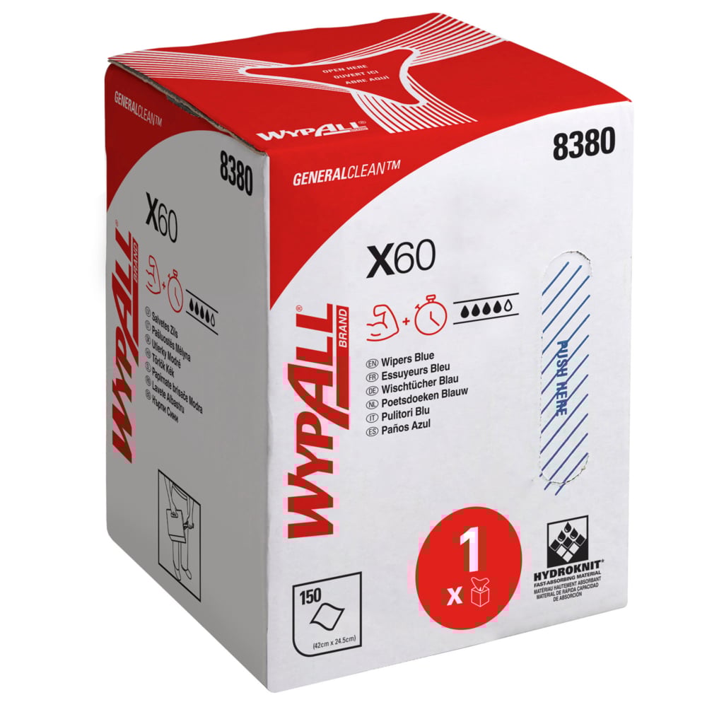 WYPALL X60 General Clean Cloths 8380 Blue Cloths for Medium Duty Cleaning, Dry Use, Roll of 150, 423 x 247mm, Repeat Use