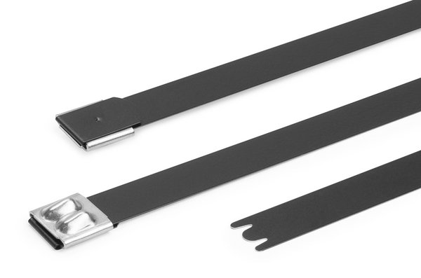 HellermannTyton Cable Tie, Roller Ball, 521mm x 12.3 mm, Black Polyester Coated Stainless Steel, Pk-50