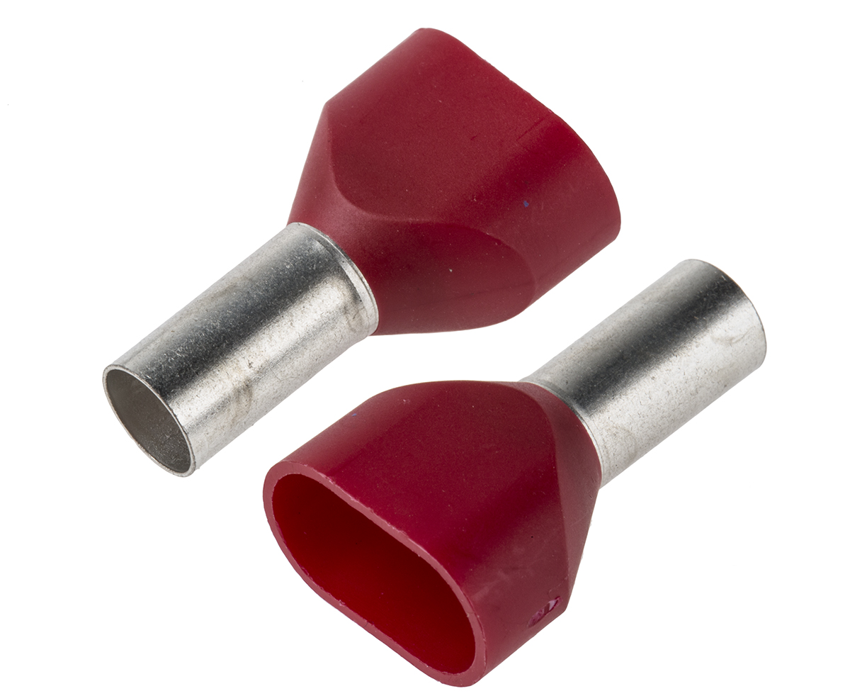JST, TWE Insulated Crimp Bootlace Ferrule, 12mm Pin Length, 5.8mm Pin Diameter, 2 x 10mm² Wire Size, Red