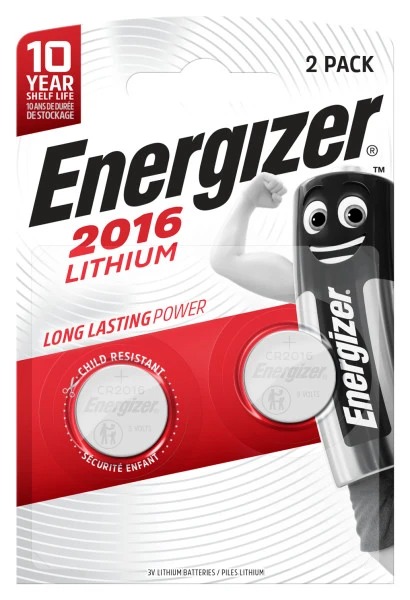 Energizer CR2016 Button Batteries, 3V, 20mm Diameter, 2 Pack