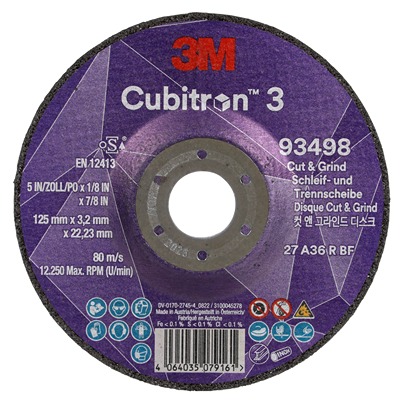 3M 93498 Ceramic Cutting Disc, 125mm x 3.2mm Thick, 36+ Grade, 10 in pack
