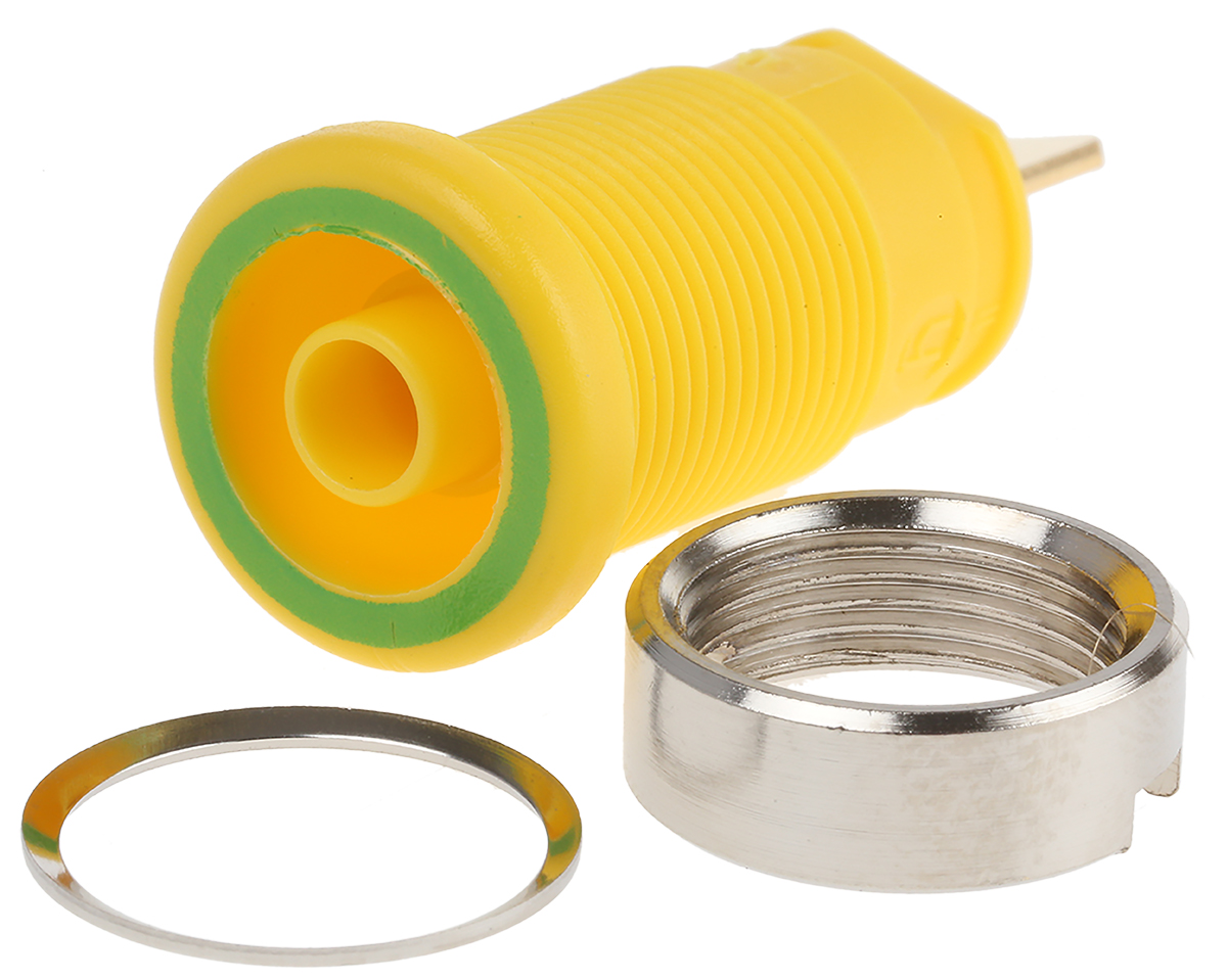 Hirschmann Test & Measurement Green/Yellow Female Banana Socket, 4 mm Connector, Tab Termination, 25A, 1000V ac/dc,