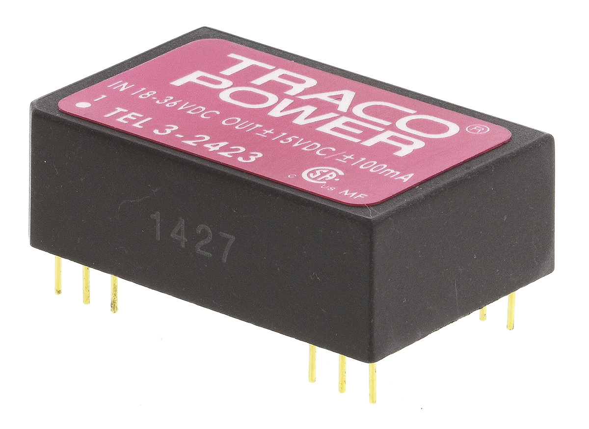 TRACOPOWER TEL 3 DC-DC Converter, ±15V dc/ ±100mA Output, 18 → 36 V dc Input, 3W, Through Hole, +85°C Max Temp