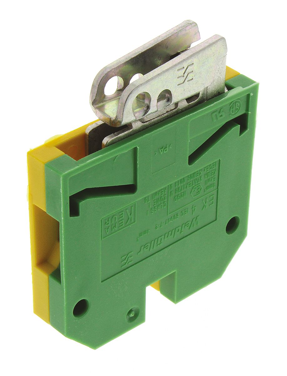 Weidmuller 2-Way EK 4 Earth Terminal Block, 4mm², 26 → 10 AWG Wire, Screw Down, Nylon Housing, ATEX