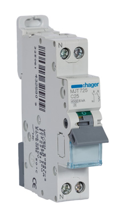 Hager MJT MCB, 2P, 25A Curve C, 240 → 400V AC, 6 kA Breaking Capacity