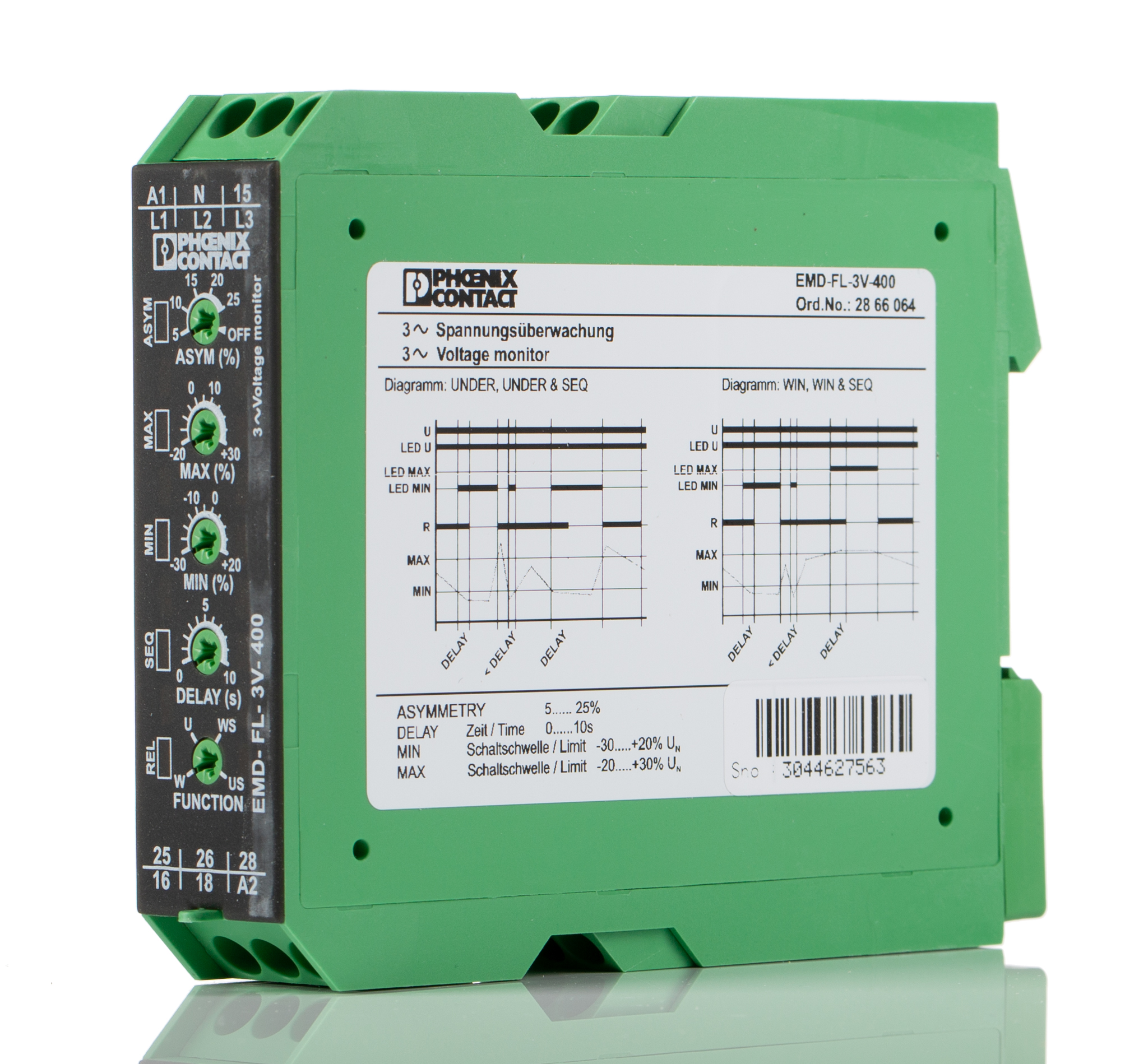 Phoenix Contact Phase, Voltage Monitoring Relay, 3 Phase, DPDT, 280 → 520V ac, DIN Rail