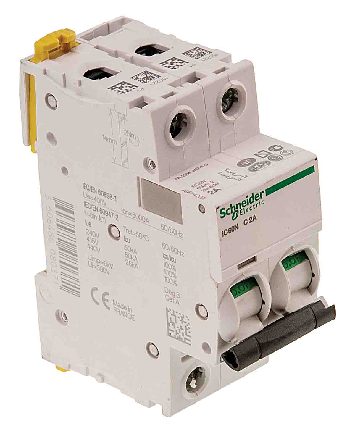 Schneider Electric Acti 9 iC60N MCB, 2P, 16A Curve D, 100 → 130V AC, 12 → 144V DC, 6 kA Breaking Capacity
