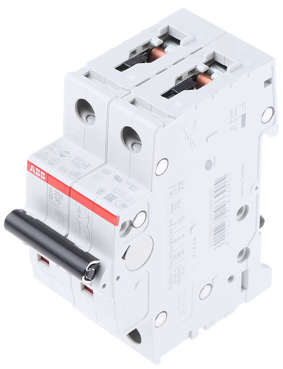 ABB System Pro M Compact S200 MCB, 2P, 16A Curve B, 400V AC, 110V DC, 6 kA Breaking Capacity