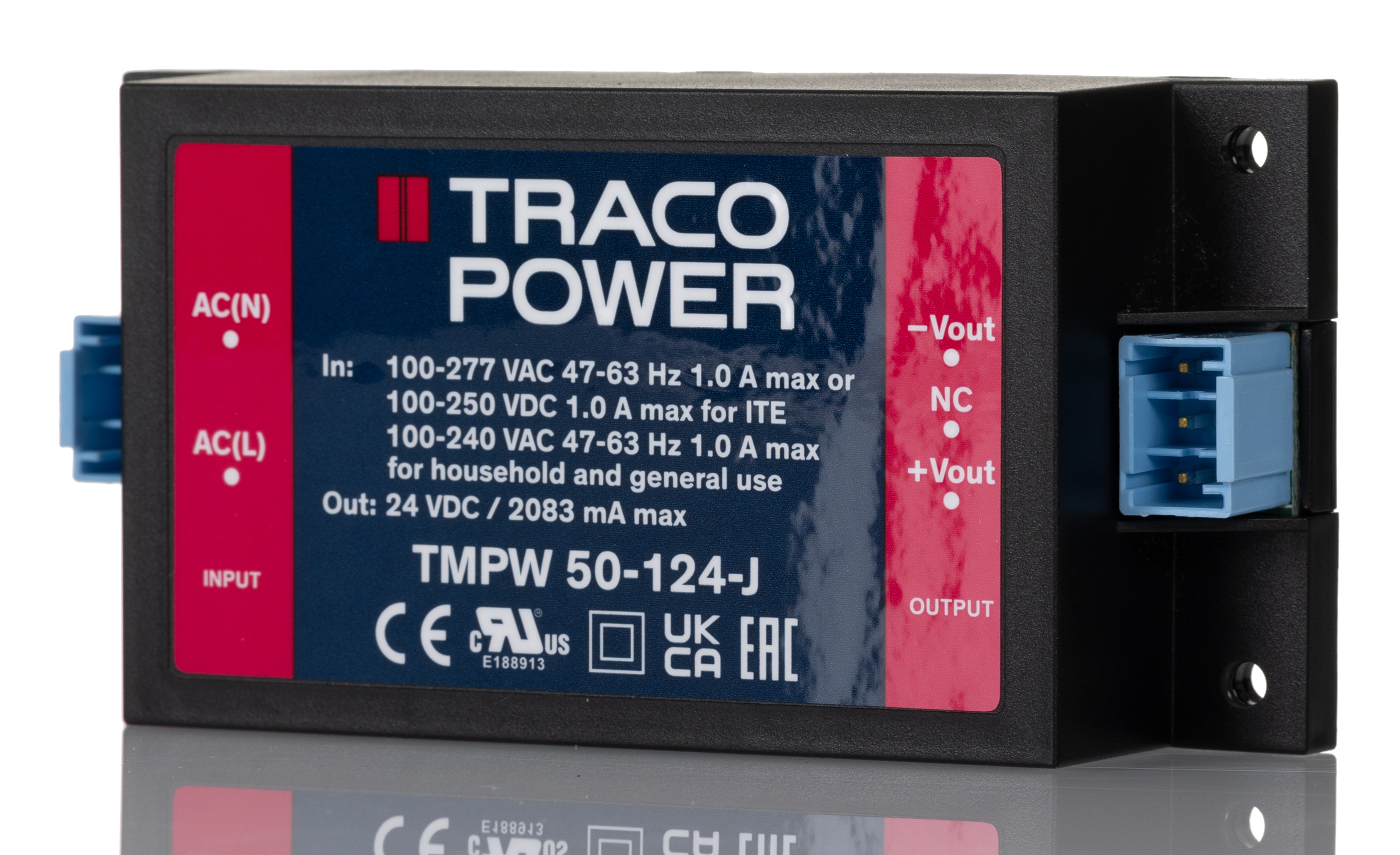 TRACOPOWER Switching Power Supply, TMPW 50-124-J, 24V dc, 2.08mA, 50W, Dual Output, 90 → 305V ac Input Voltage