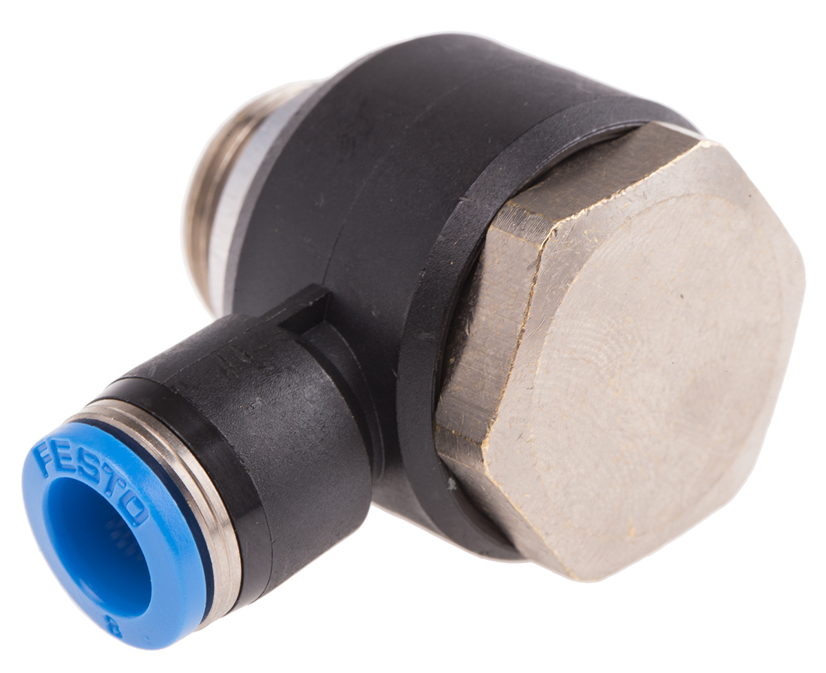 Festo QS Series Elbow Threaded Adaptor, G 3/8 Male to Push In 8 mm, Threaded-to-Tube Connection Style, 186142