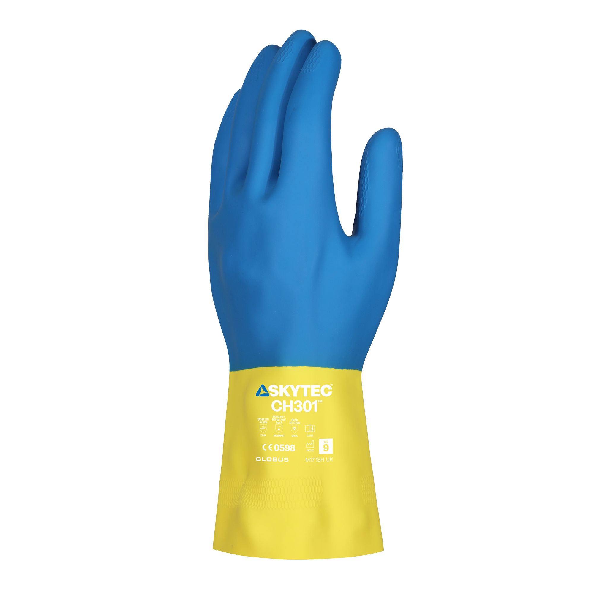 Skytec Blue, Yellow Cotton Flock Cotton Glove, Natural Rubber Coating