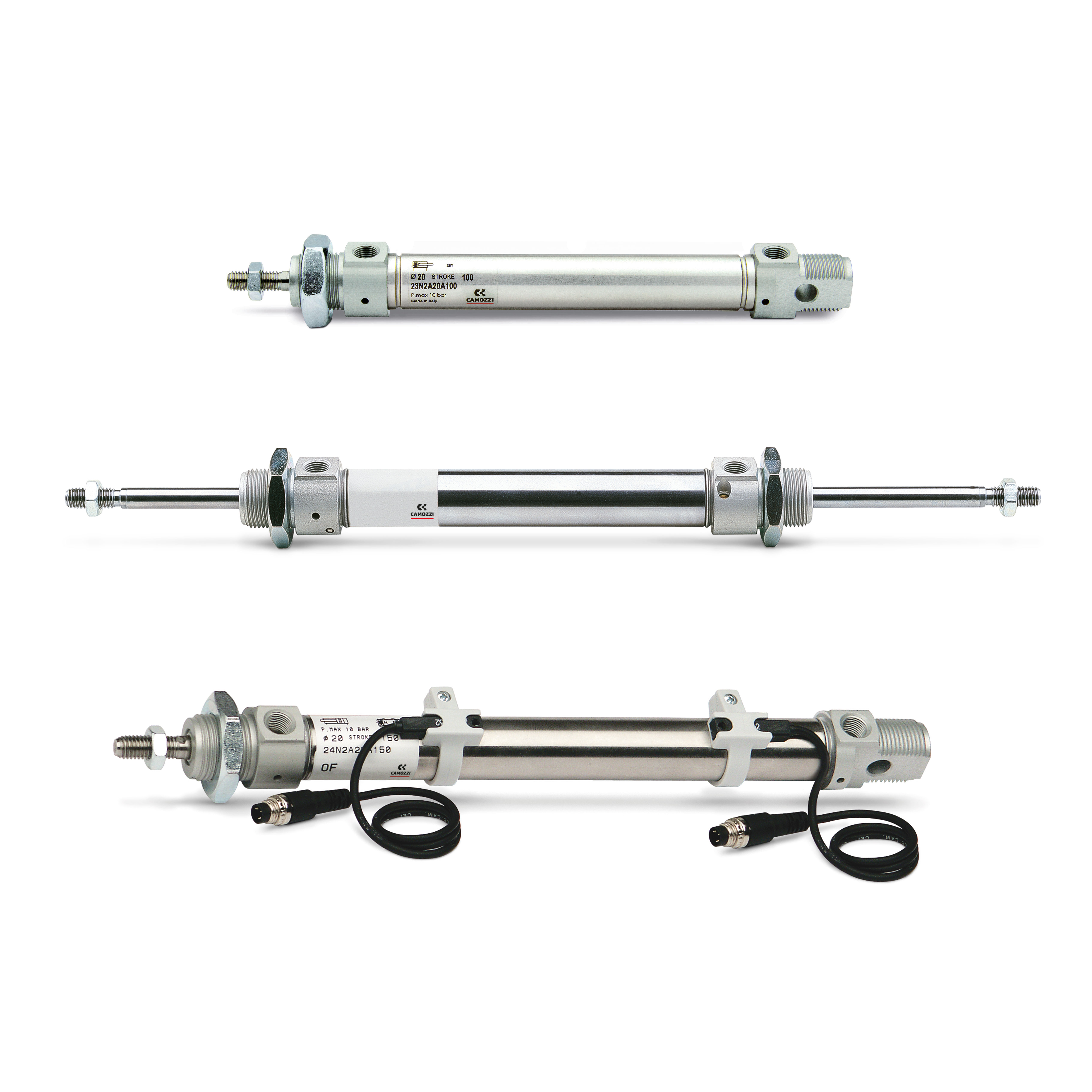 Camozzi Pneumatic Piston Rod Cylinder - 24N2A16A025 16 mm Bore, 25 mm 111 mm Series, Double Acting Acting