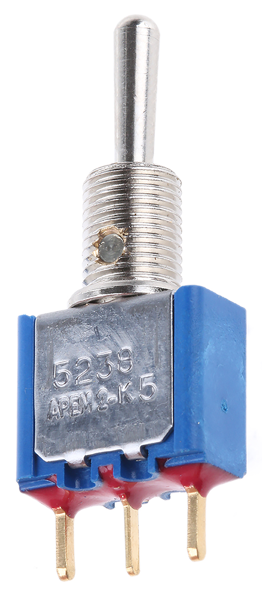 APEM Toggle Switch, PCB Mount, On-Off-(On), SPST, PC Terminal Terminal, 20V ac/dc