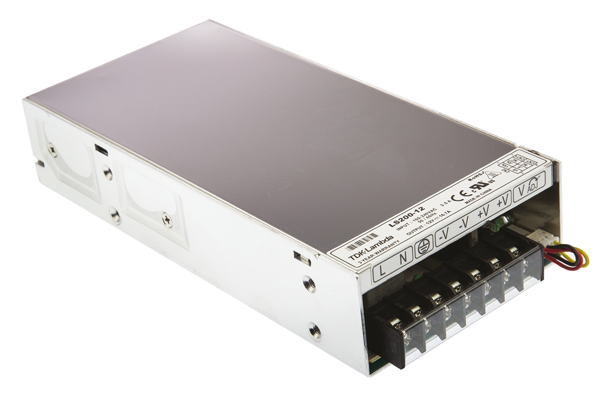 TDK-Lambda Switching Power Supply, LS200-12, 12V dc, 16.7A, 200W, 1 Output, 120 → 373 V dc, 85 → 264 V ac