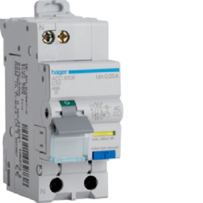 Hager RCBO, 10A Current Rating, 2P Poles, 30mA Trip Sensitivity, Type AC