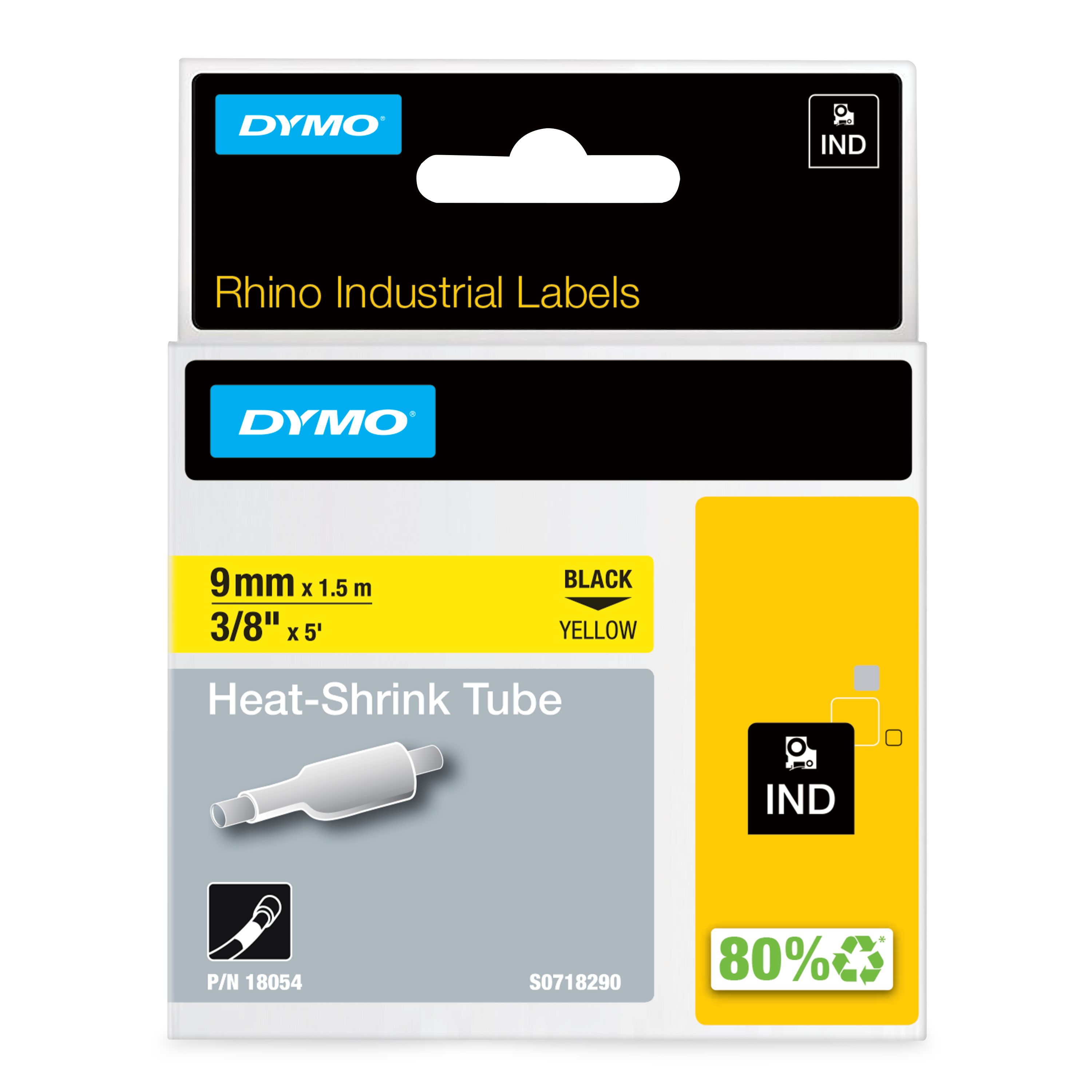 Dymo Heat Shrink Tubing, Yellow 9mm Sleeve Dia. x 1.5m Length 3:1 Ratio, DYMO Series