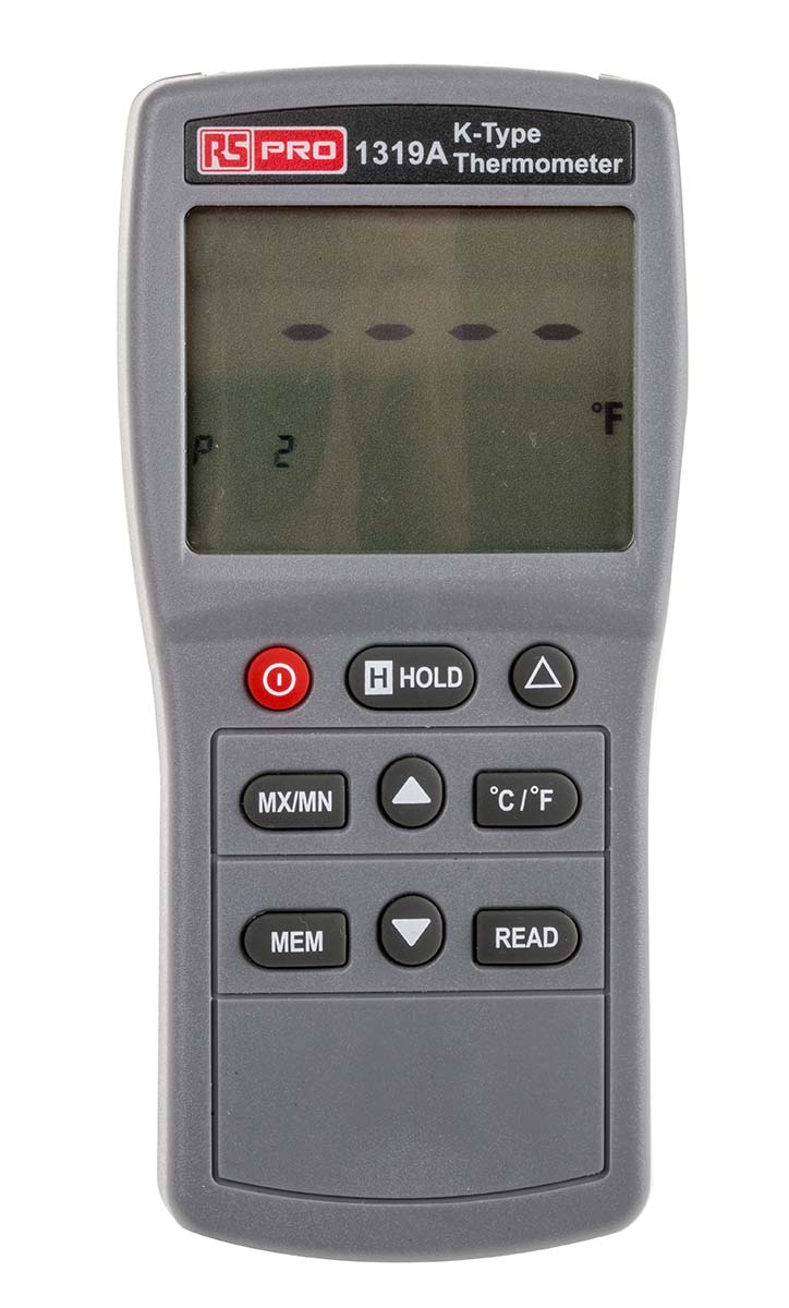 RS PRO 1319A Wired Digital Thermometer, K Probe, 1 Input(s), +1300 °C, +1999°F Max, 0.3 % ± 1 °C, 0.3 % ± 2 °F Accuracy