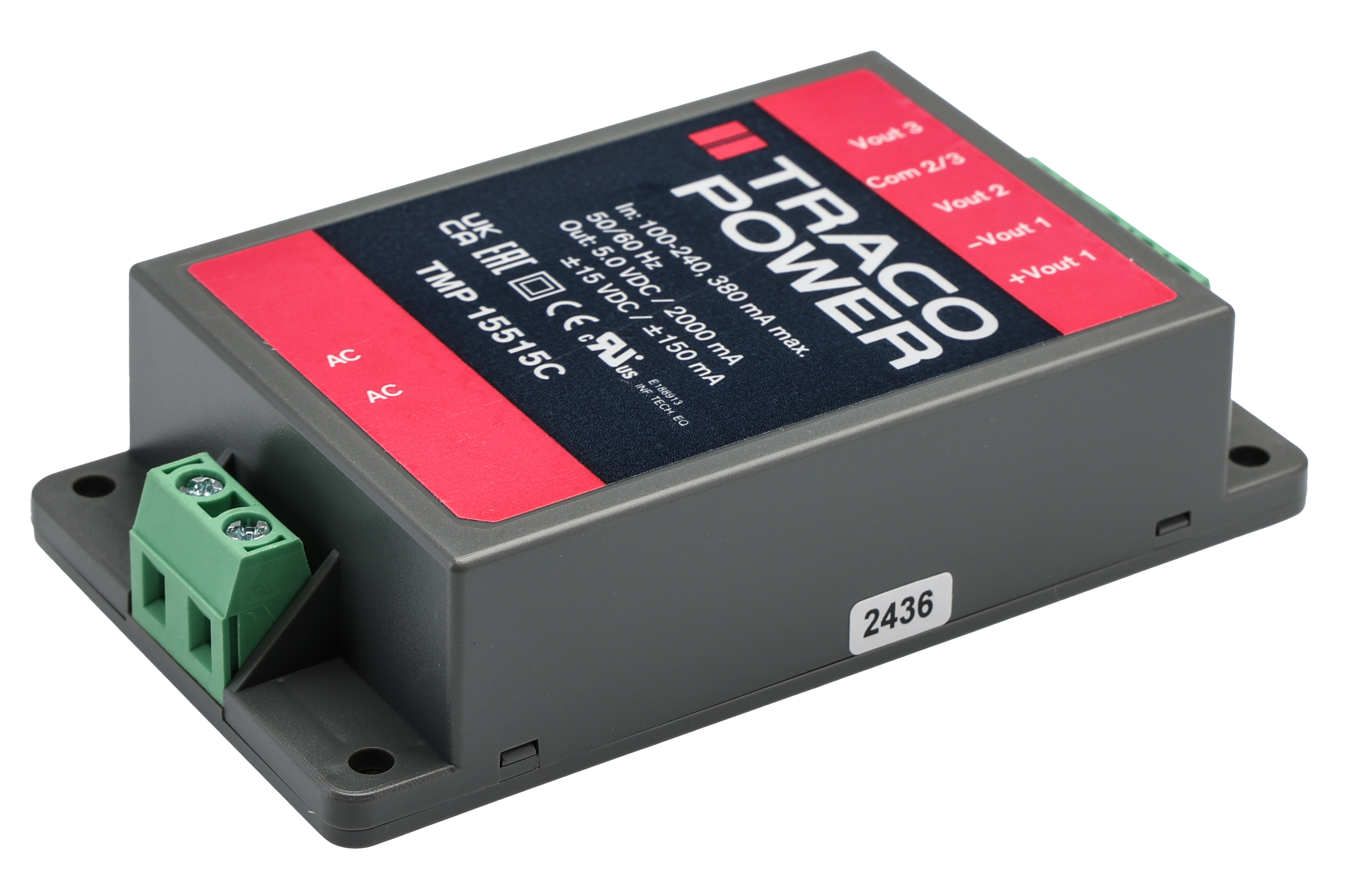 TRACOPOWER Switching Power Supply, TMP 15515C, 5 V dc, ±15 V dc, 2 A, 150 mA, 15W, Triple Output, 120 → 370 V