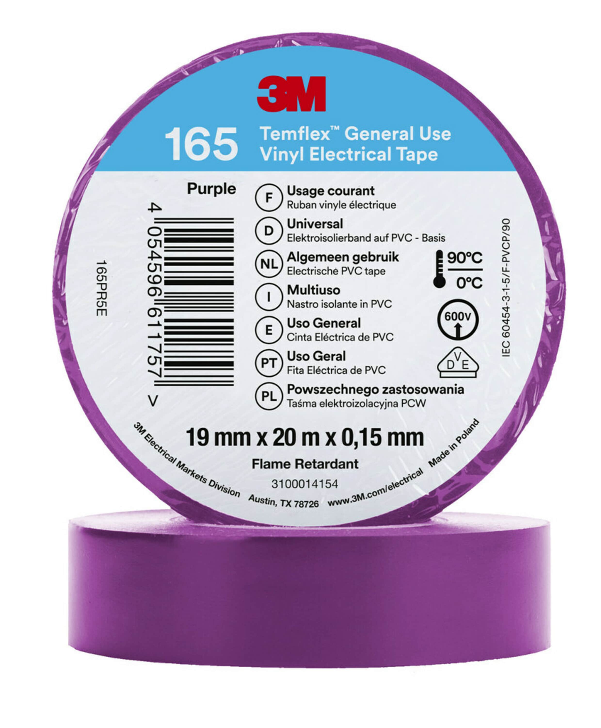 3M Temflex 165 Purple Vinyl Electrical Tape, 19mm x 20m