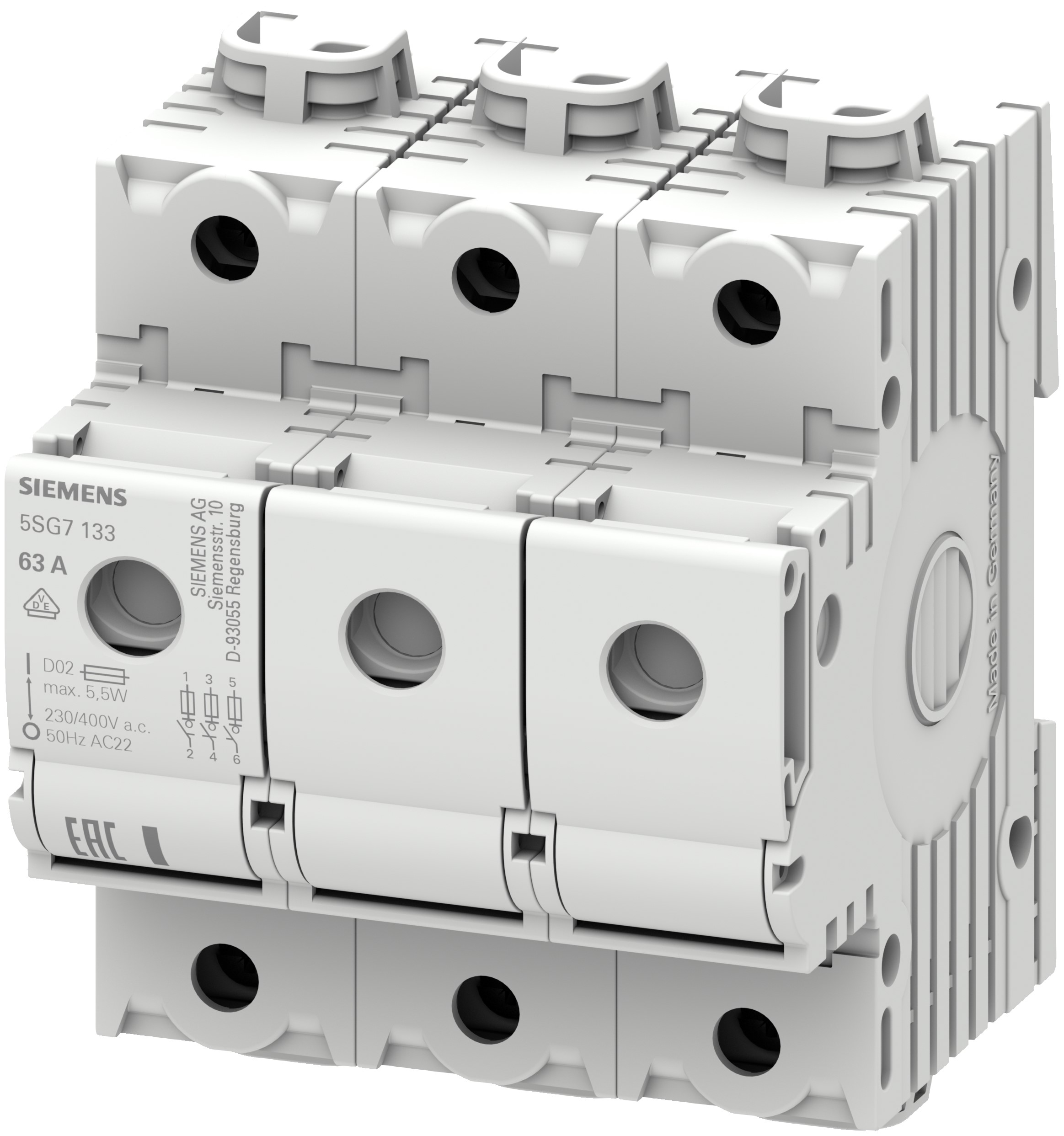 Siemens 63A Bottle Fuse Holder, 3P, 400V ac