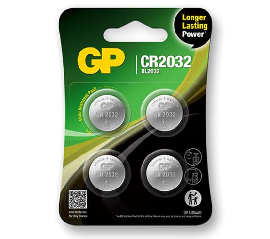 Gp Batteries CR2032 Coin Battery, 3V, 20mm Diameter, 4 Pack