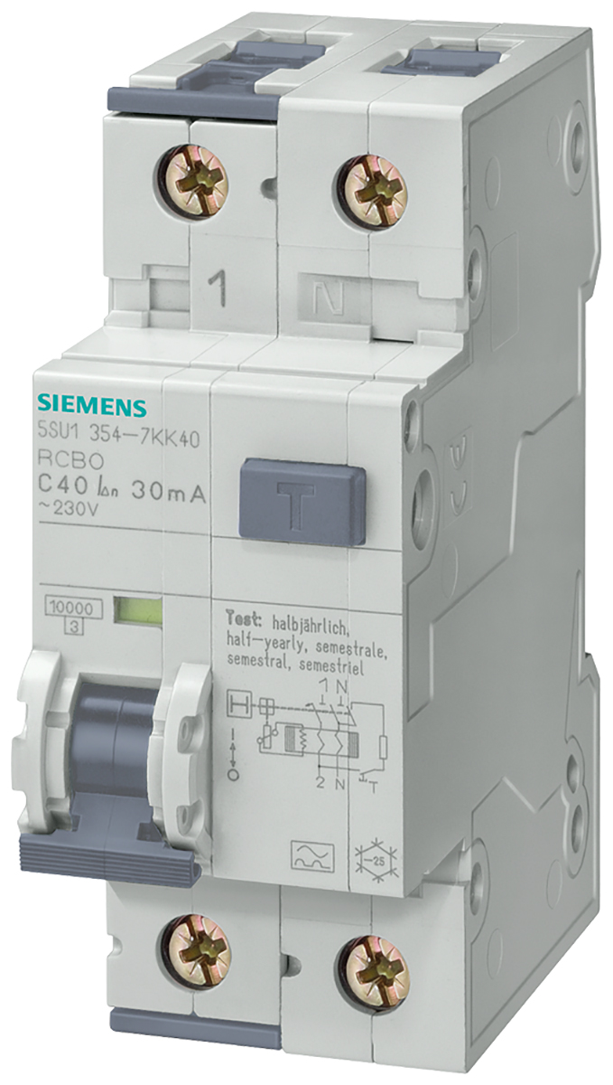 Siemens RCBO, 6A Current Rating, 2P Poles, Type AC, Sentron Range