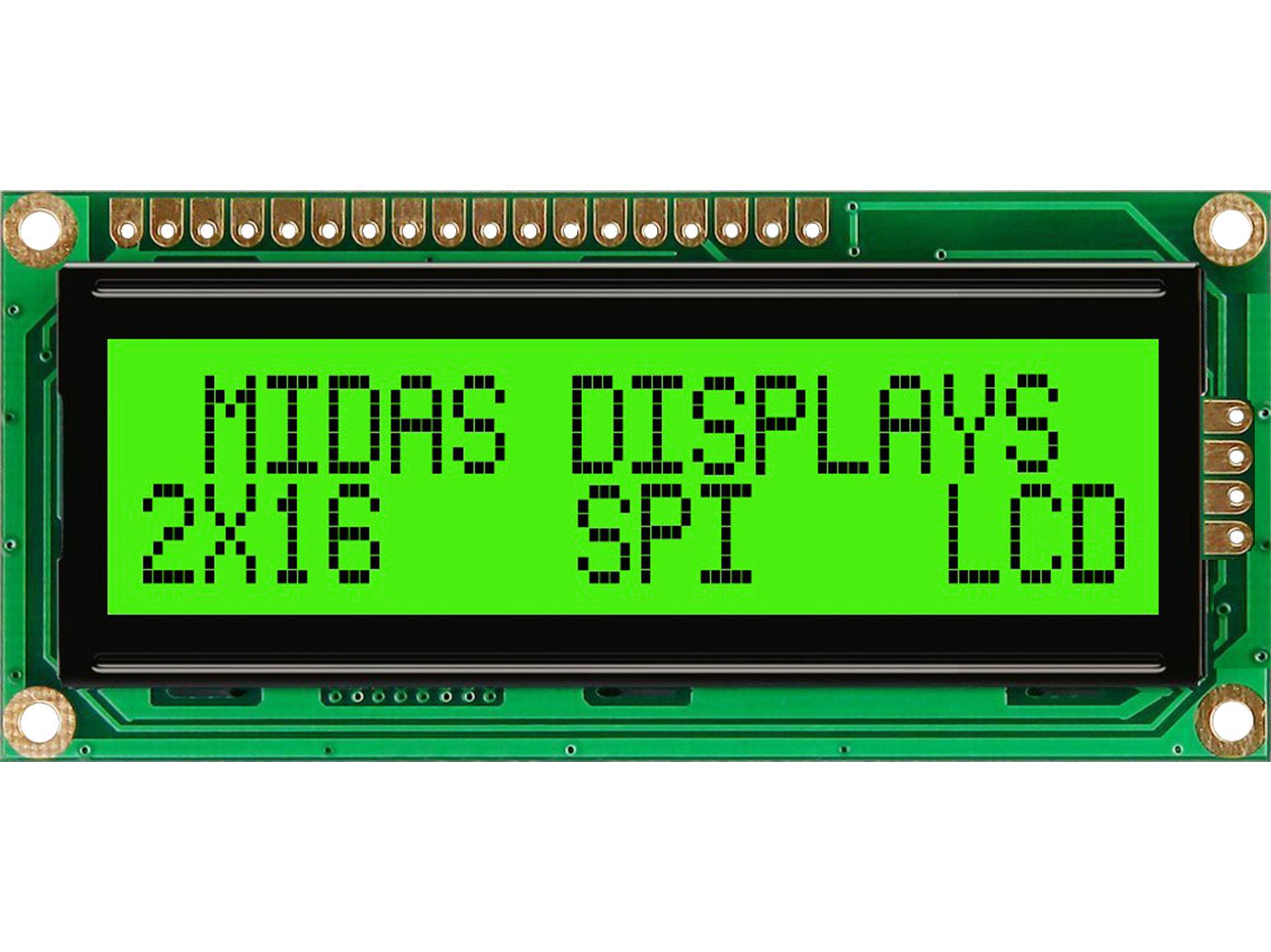 Midas MD21605G6W1-FPTLRGBS Alphanumeric LCD Display, 2 Rows by 16 Characters
