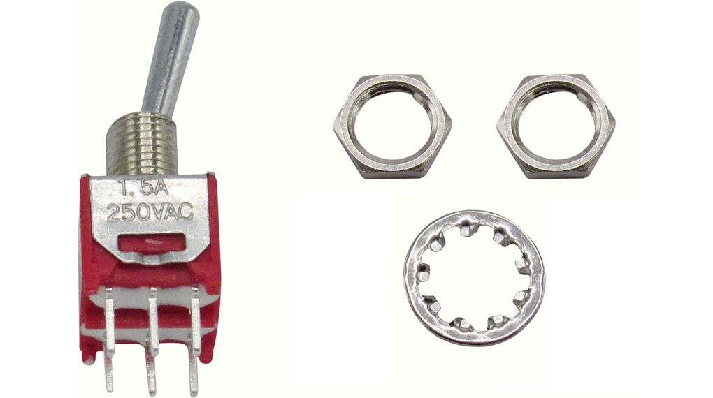 RND Toggle Switch, Through Hole Mount, On-On, 2CO, PCB Pin Terminal, 28 V dc, 125 V dc, 250 V dc