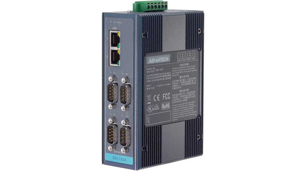 Advantech Serial Device Server, 2 Ethernet Port, 4 Serial Port, RS232, RS422, RS485 Interface, 921.6kbps Baud Rate