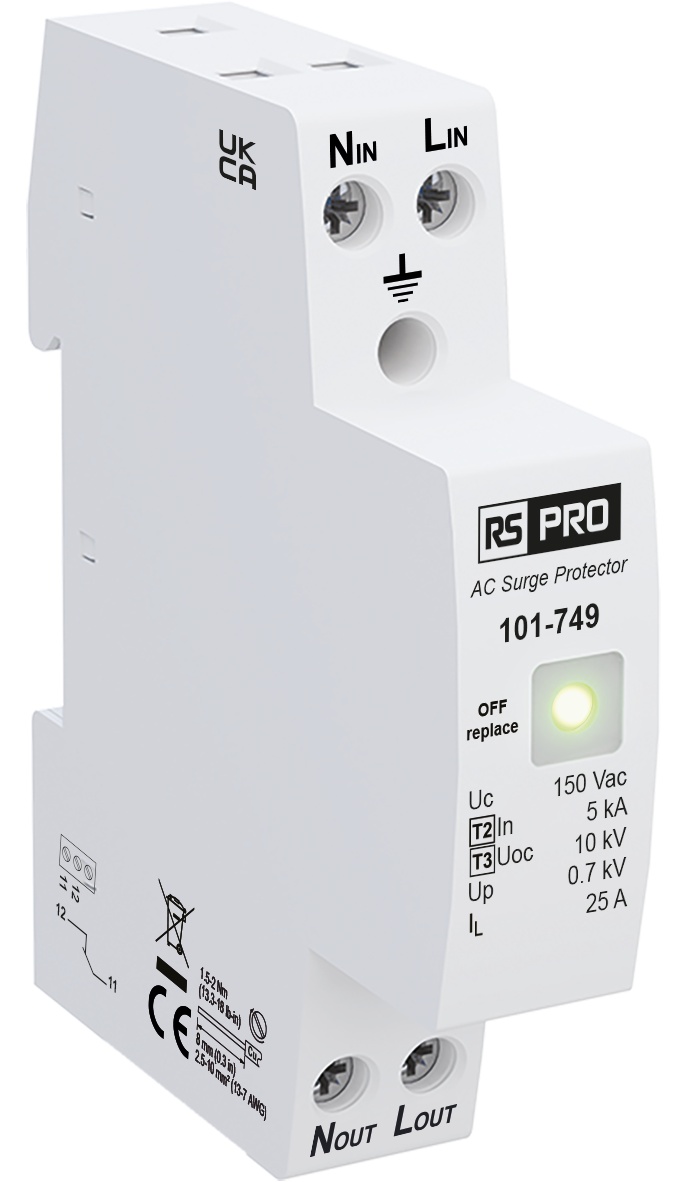 RS PRO Single Phase Industrial Surge Protector, 10kA, 1.3kV, DIN Rail Mount