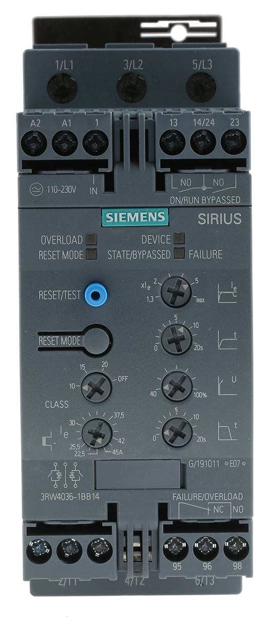 Siemens SIRIUS 3RW Soft Starter, , 22 kW, 480 V ac, 3 Phase, IP20