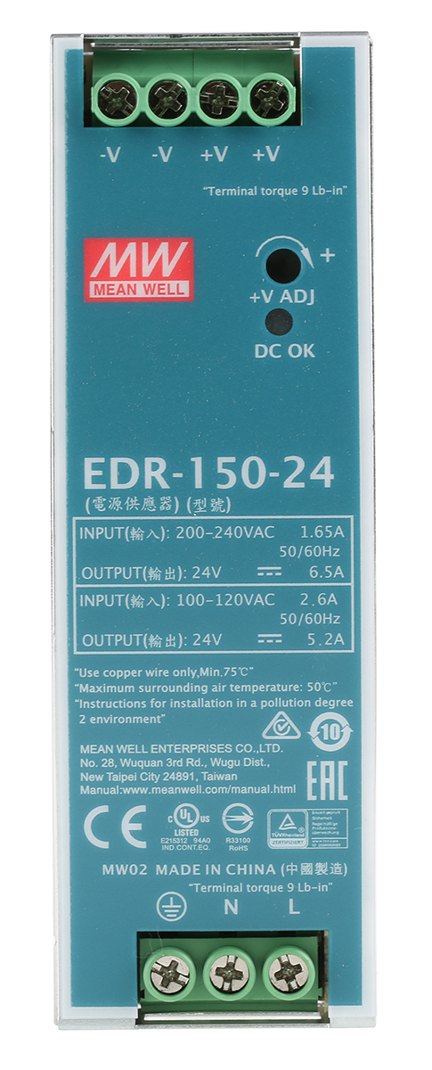 MEAN WELL EDR Switched Mode DIN Rail Power Supply, 90 → 264V ac ac Input, 24V dc dc Output, 6.5A Output, 150W
