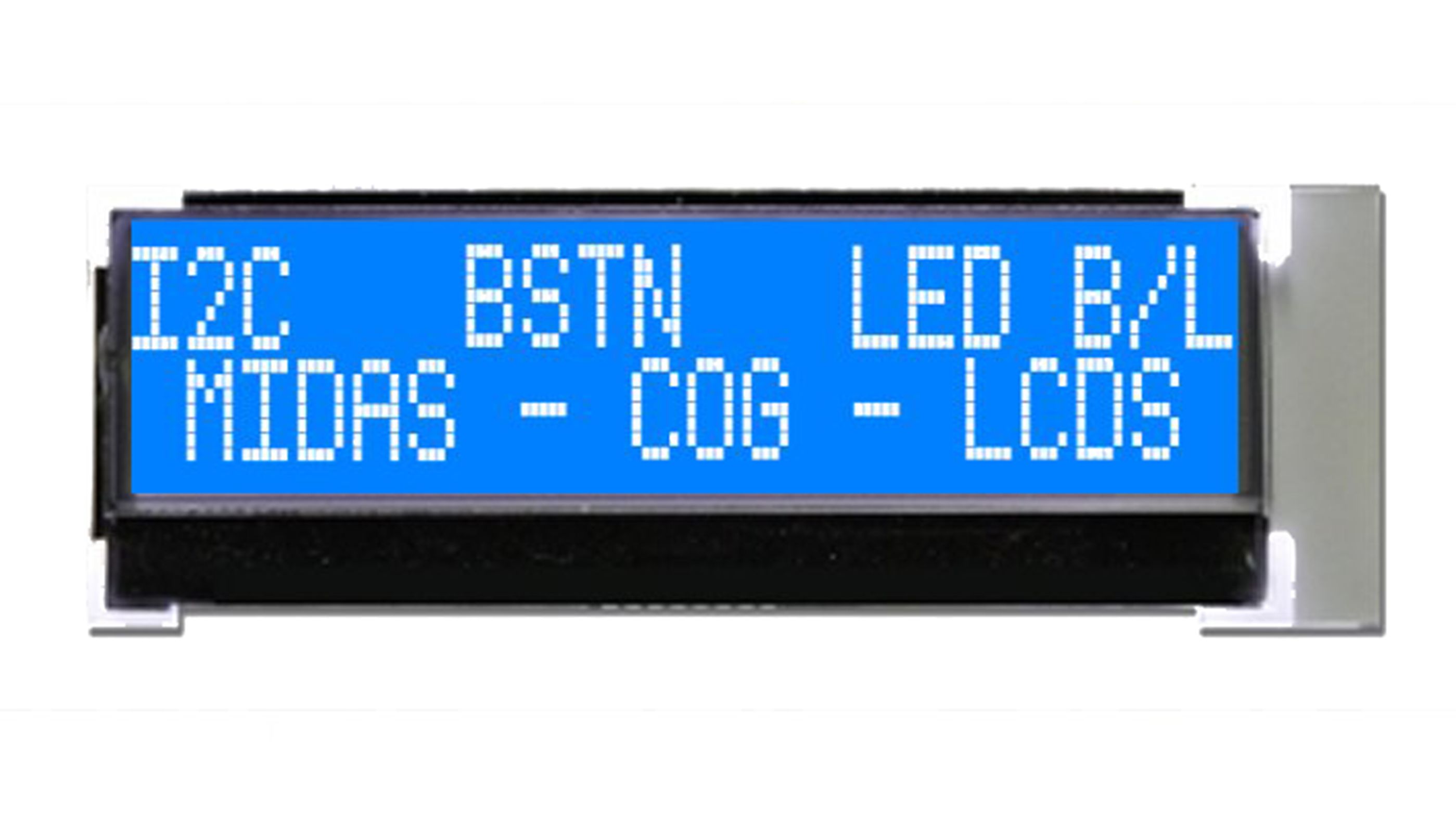 Midas MCCOG22005A6W-BNMLWI Alphanumeric LCD Display, White on Blue, 2 Rows by 20 Characters, Transmissive