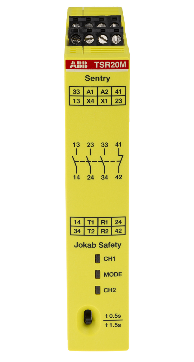 ABB Jokab Sentry TSR20M 3 Auxiliary Contacts Safety Relay 265 V ac, 375V dc, Dual-Channel 4 Safety Contacts