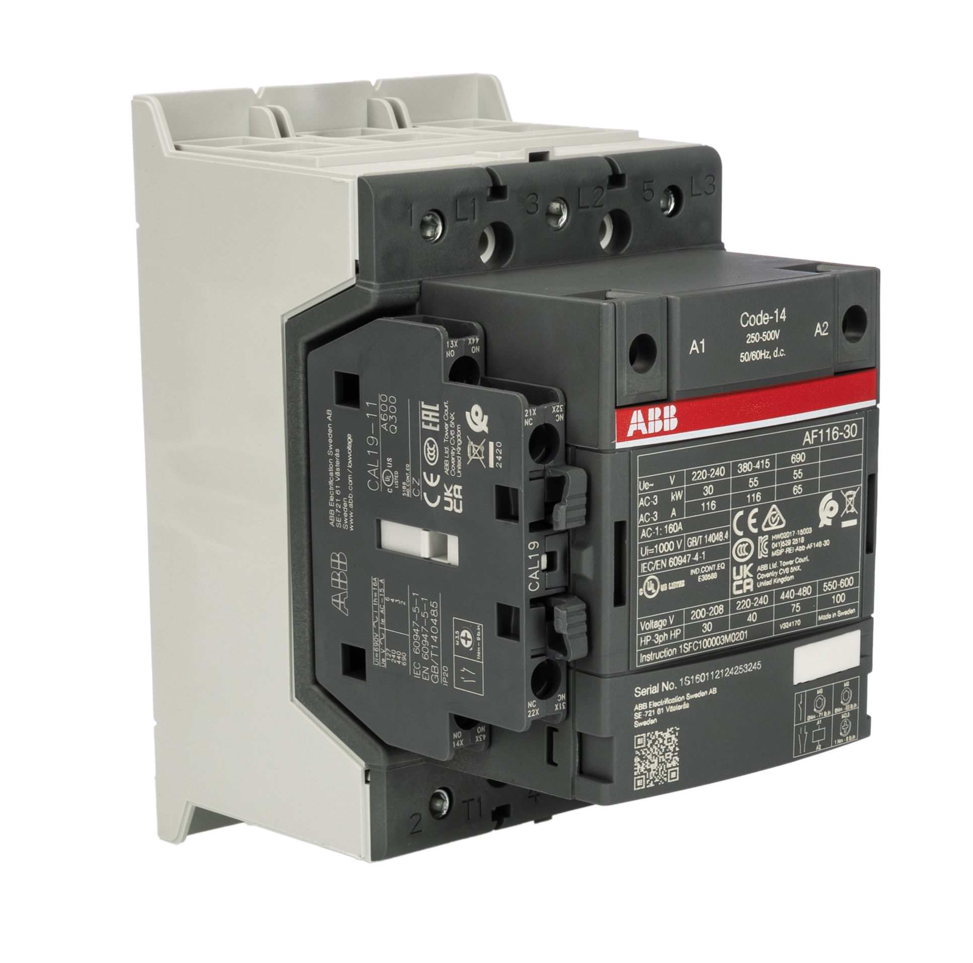 ABB AF116-30-11-14 AF Contactor, 500 V Coil, 3-Pole, 160 A, 55 kW, 3NO