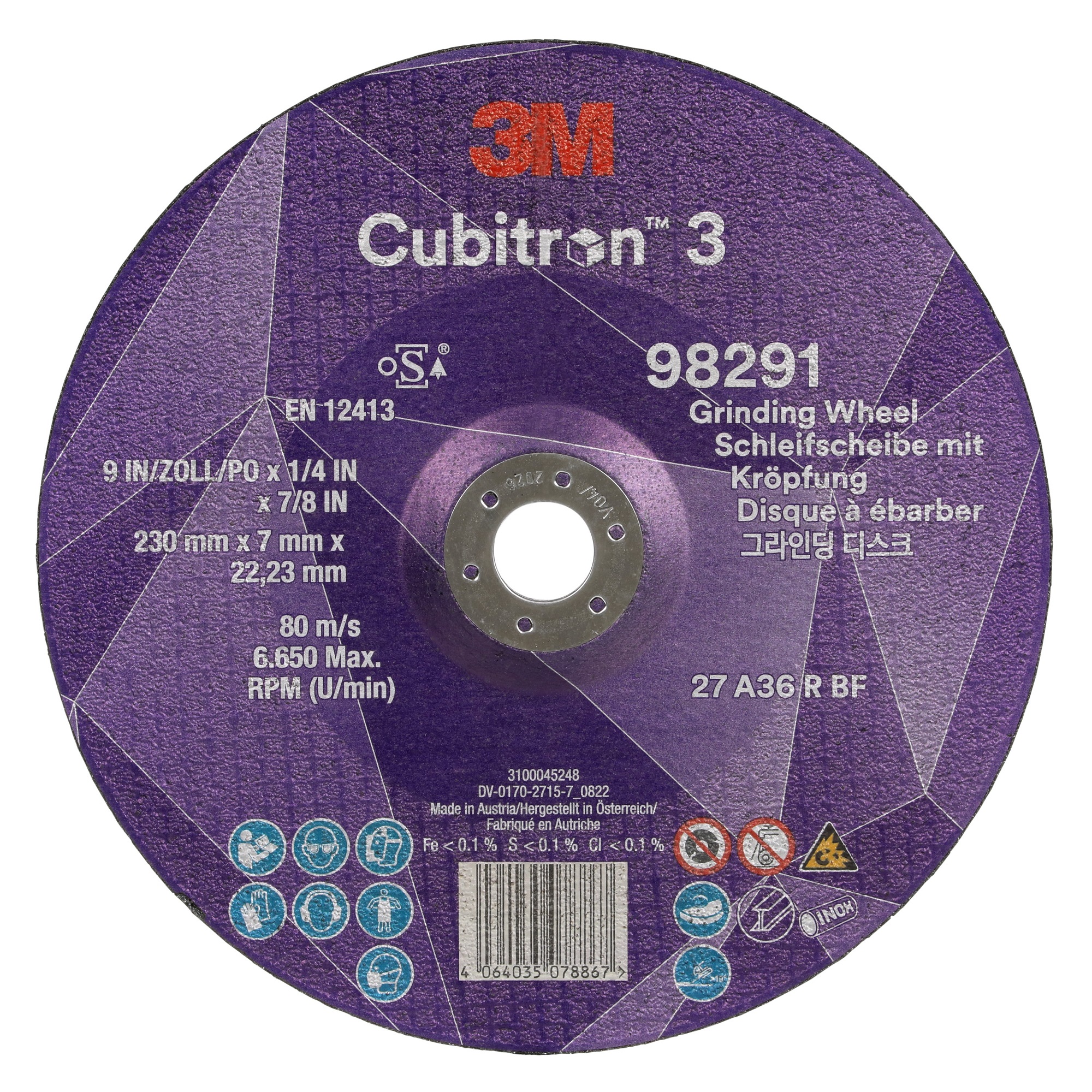 3M 98291 Cubitron 3 Ceramic Grinding Wheel, 230mm Diameter, 36+ Grit