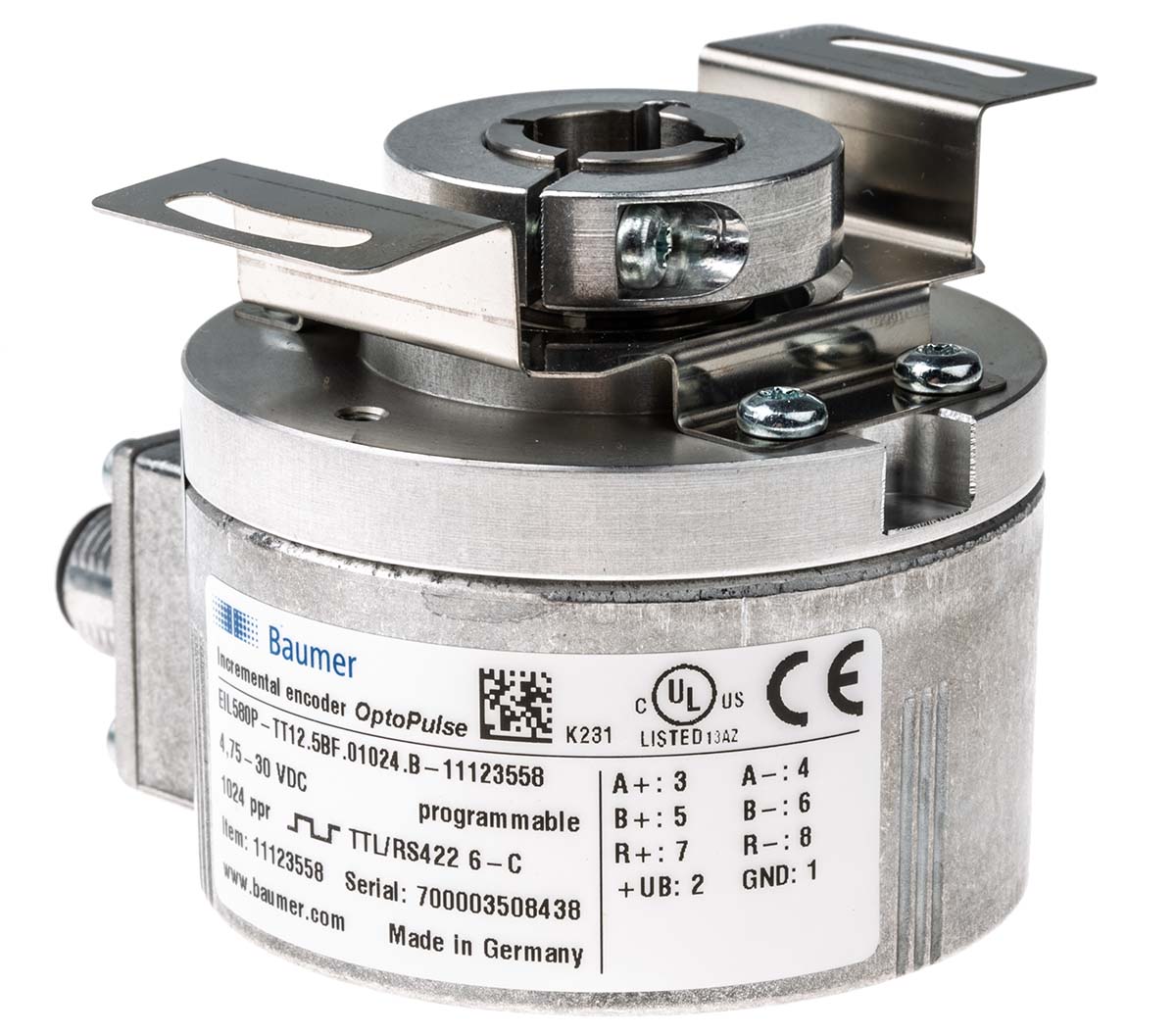 Baumer EIL580P Series Optical Incremental Encoder, 1 → 65536 ppr, TTL/HTL Signal, Hollow Type, 12mm Shaft