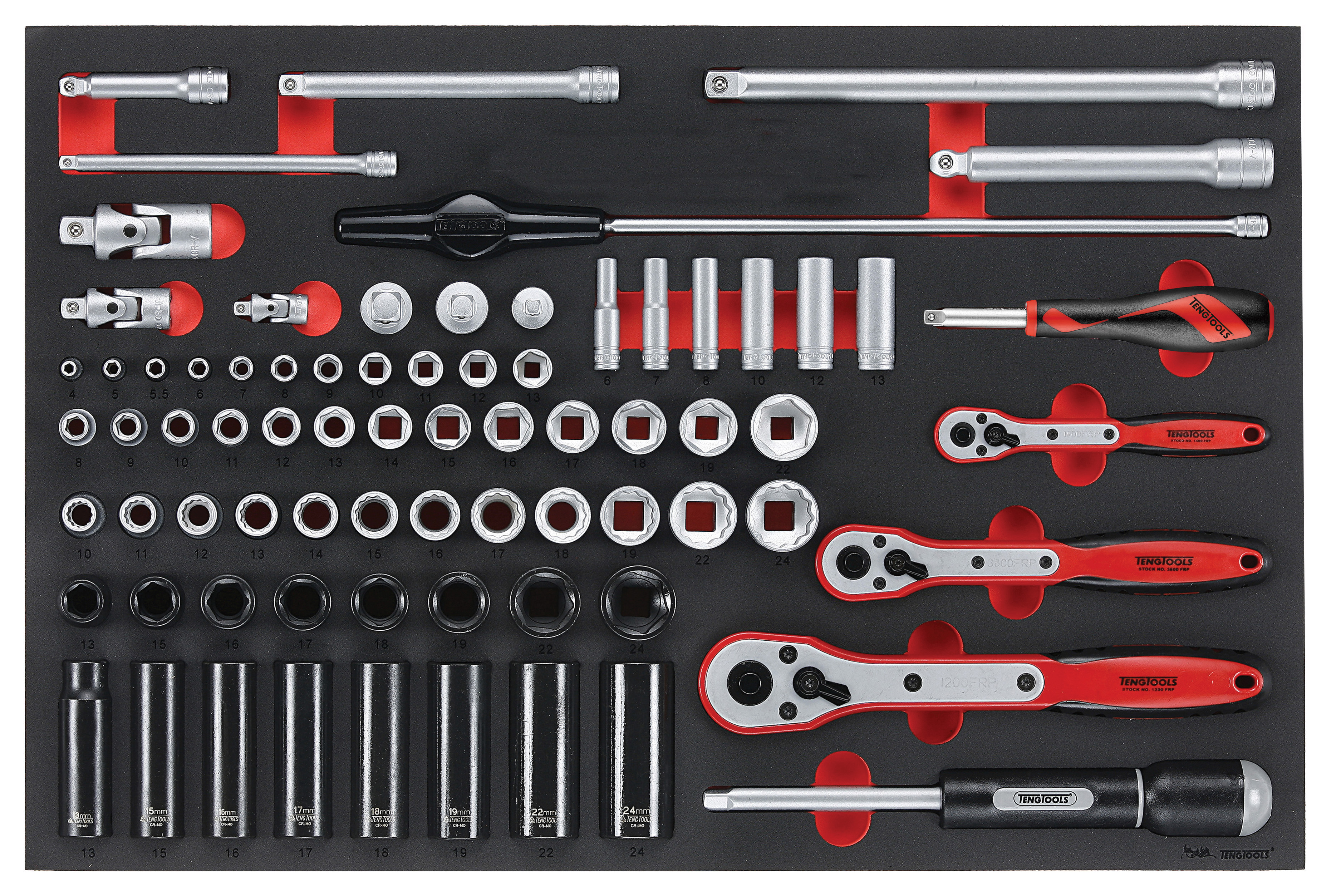 Teng Tools 77-Piece Metric 1/2 in; 1/4 in; 3/8 in Deep Socket/Standard Socket Set with Ratchet, 6 point; 12 point