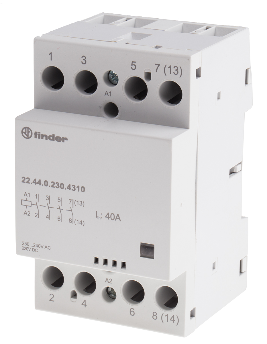 Finder 22 Contactor, 240 V ac Coil, 4-Pole, 40 A, 6 VA, 4 NO, 480V ac, 400 V ac