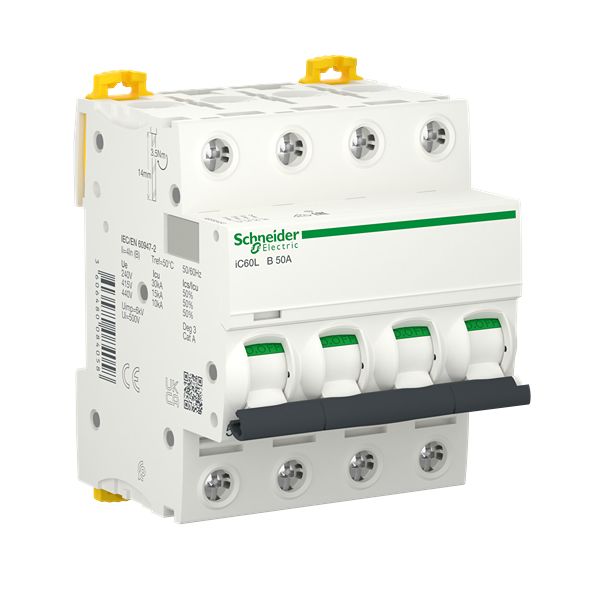 Schneider Electric Acti9 A9F MCB, 4P, 50A Curve B, 440V AC, 250V DC, 30 kA Breaking Capacity