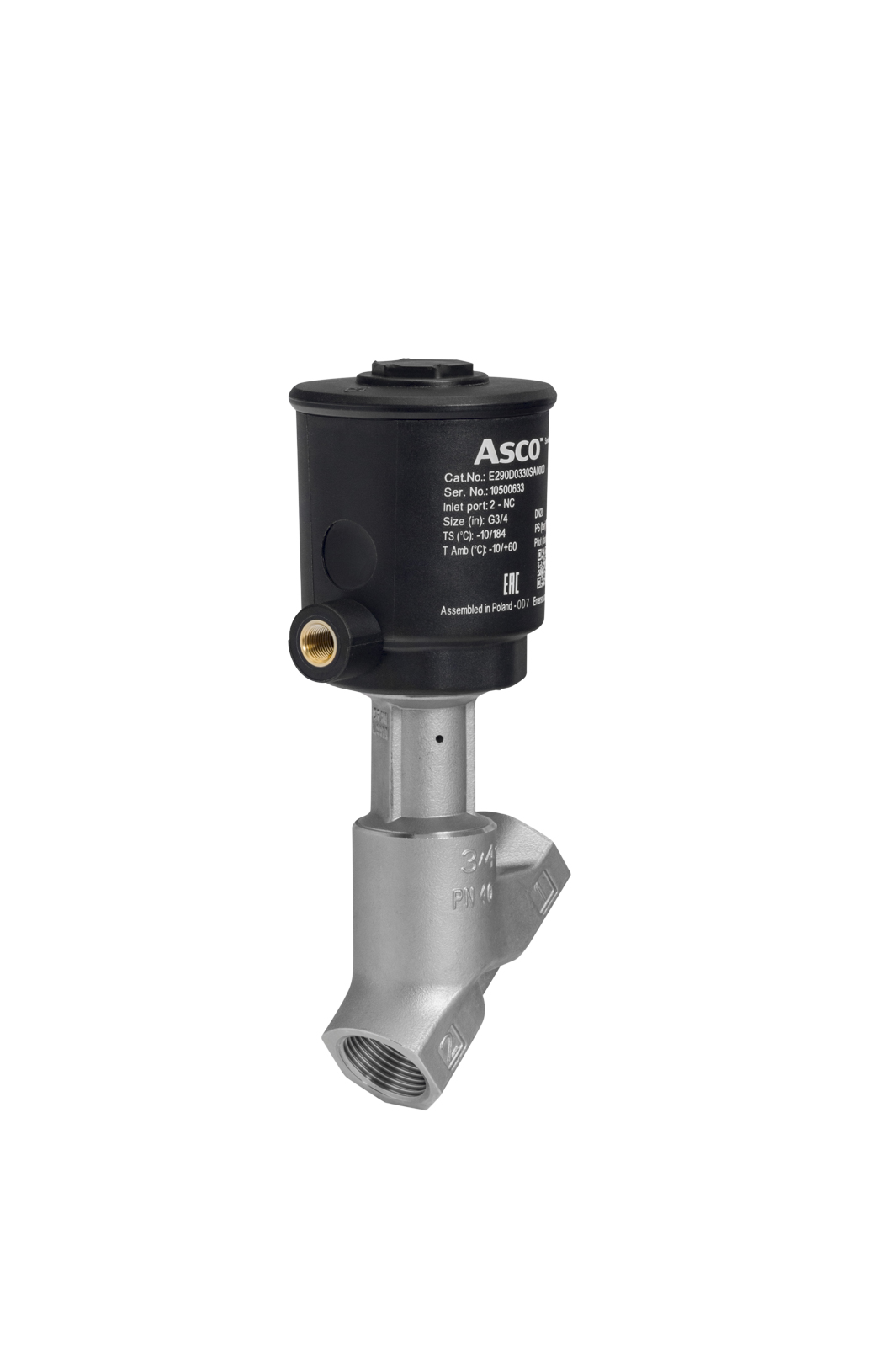 EMERSON – ASCO Angle Seat type Pneumatic Actuated Valve, ISO 3/8in