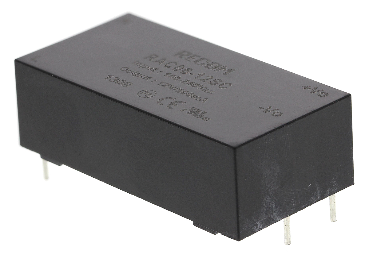 Recom Switching Power Supply, RAC06-12SC, 12V dc, 500mA, 6W, 1 Output, 80 → 264V ac Input Voltage