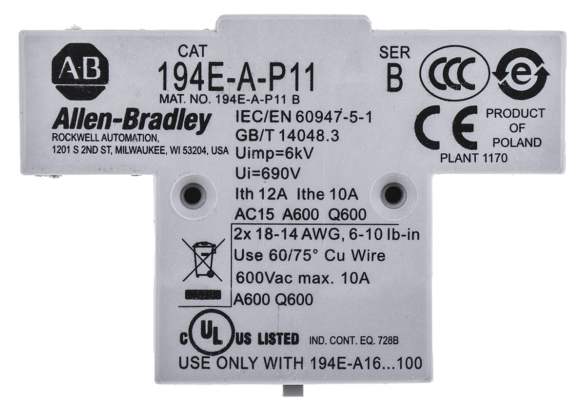 Allen Bradley Auxiliary Contact, 2 Contact, 1NC + 1NO, Side Mount 194