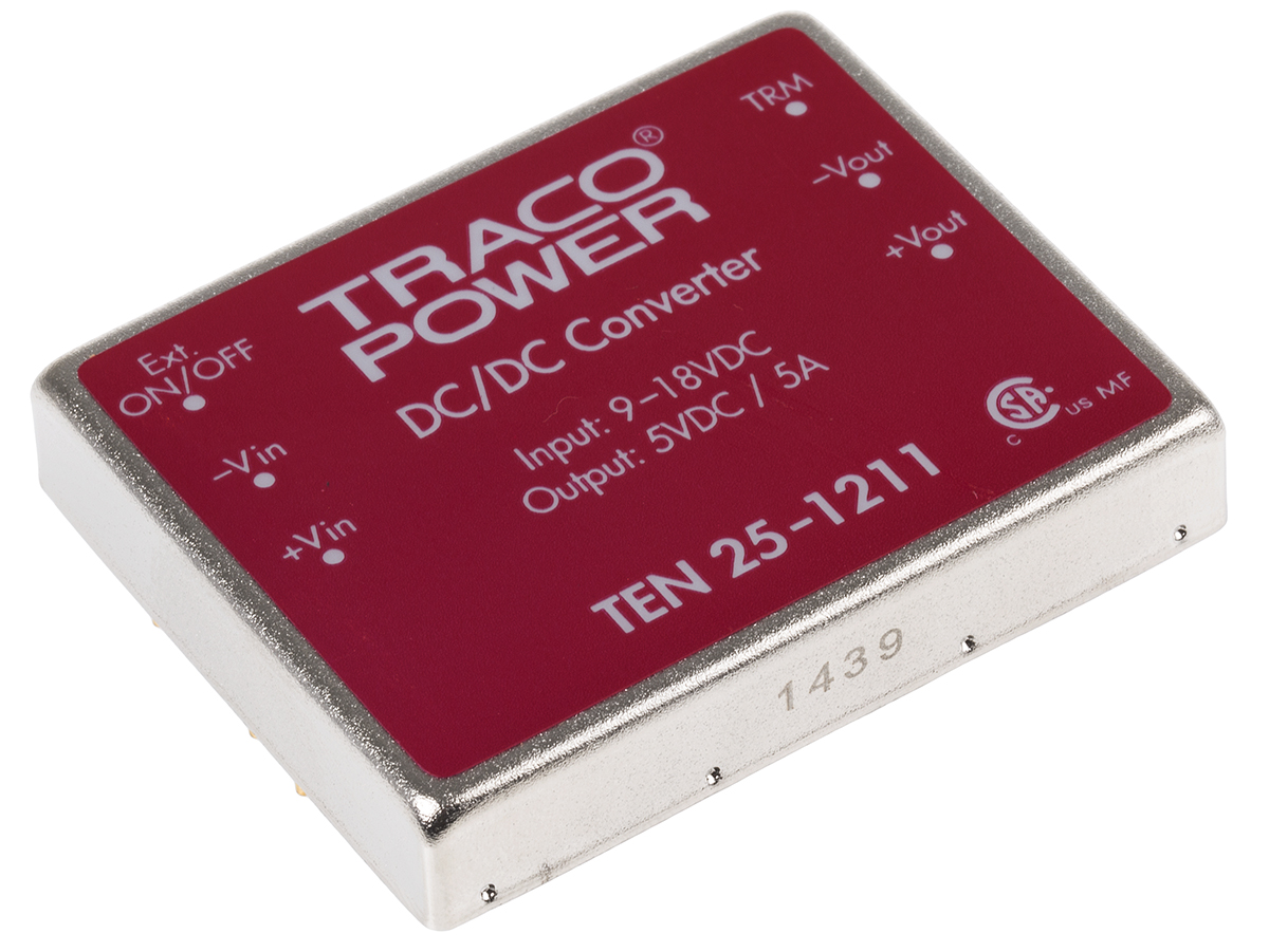 TRACOPOWER TEN 25 DC-DC Converter, 5V dc/ 5A Output, 9 → 18 V dc Input, 25W, Through Hole, +85°C Max Temp -40°C