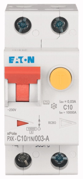 Eaton RCBO, 10A Current Rating, 1P+N Poles, 30mA Trip Sensitivity, Type C, PXK Range