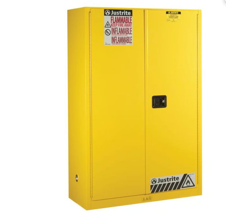 Justrite Yellow Steel Lockable 2 Door Flammable Cabinet, 1651mm x 1092mm x 457mm